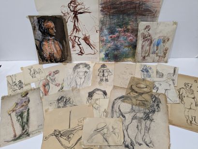 null René THOMSEN (1897-1976): STUDIES. Set of some twenty drawings in charcoal,...