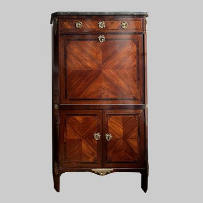 null Secretary desk in veneered wood, inlaid with light wood and stained wood fillets....