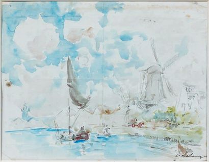 ALBERT LEBOURG (1849-1928) CANAL EN HOLLANDE AVEC MOULIN. Aquarelle, signée en bas...