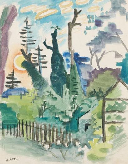 André LHOTE (1885-1962) PAYSAGE A LA BARRIERE, 1915. Aquarelle, signée en bas à gauche...