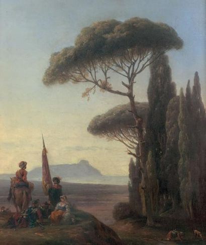 Guillaume Frédéric RONMY (1786-1854) HALTE DE CAVALIERS DANS UN PAYSAGE ITALIEN AUX...