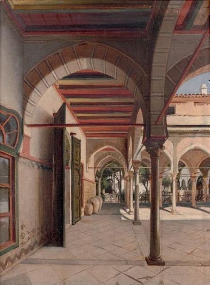 Alexandre Antoine GIRARDOT (1815- Alger après 1877?) PATIO EN AFRIQUE DU NORD Huile...