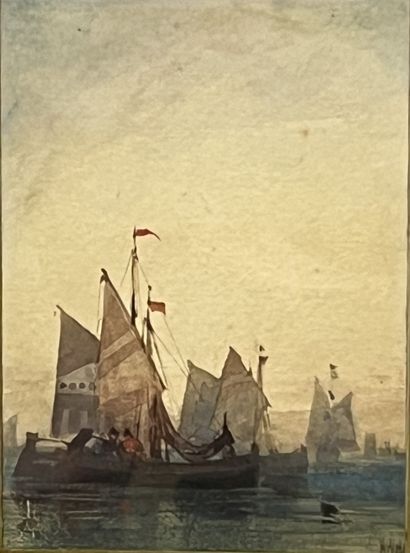 null William WYLD (1806-1889) : BATEAUX DE PECHE. Aquarelle signée en bas à droite....