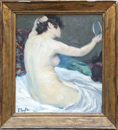null Lucy L'ENGLE (1889-1978) : NU AU MIROIR. Huile sur toile, signée en bas à gauche....