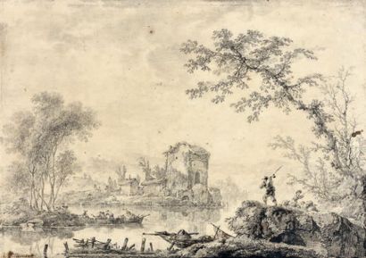 Jean PILLEMENT (Lyon 1728 - 1808) 
PAYSAGE FLUVIAL ANIMÉ.
Pierre noire et rehauts...
