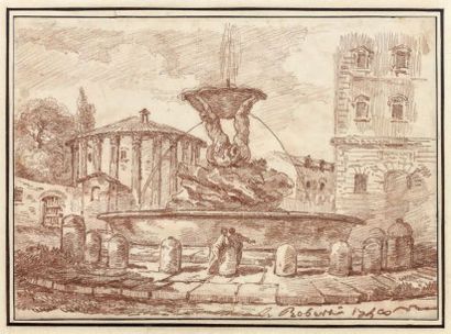 Jean-Robert ANGO (? Rome 1773) 
LA FONTAINE DES TRITONS A ROME.
Sanguine.
21,5 x...