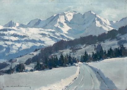 Charles-Henry CONTENCIN 
ROUTE DANS UN PAYSAGE DE MONTAGNE.
Huile sur isorel, signée...