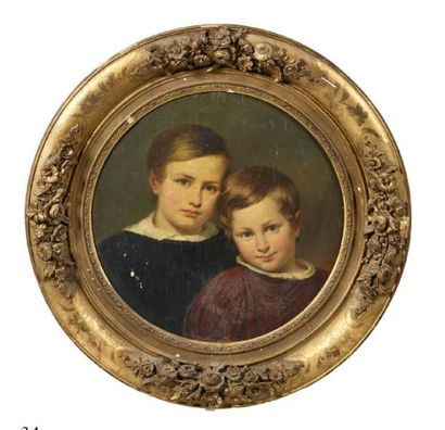 Henri DECAISNE (1799-1852) 
PORTRAIT DE DEUX JEUNES GARÇONS, ACCOLÉS L'UN A L'AUTRE.
Huile...