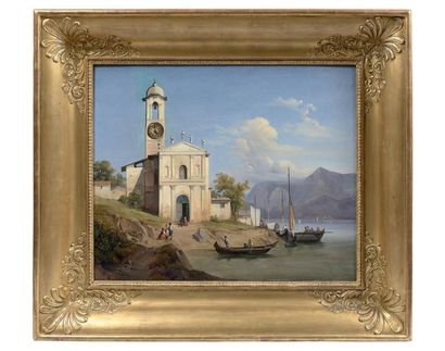 null Tableau-horloge, la toile à sujet d'un paysage des Lacs Italiens animés de pêcheurs...