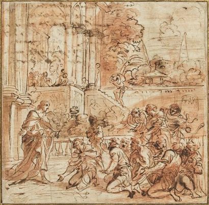 Pier Francesco MOLA (1612-1666) 
JOSEPH SALUÉ PAR SES FRÈRES.
Sanguine, lavis de...