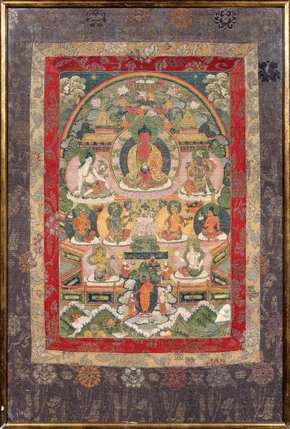 TIBET - Début du XIXème siècle 
Tangka, détrempe sur toile, Bouddha Amitabha assis...