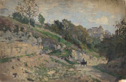 Edmond PETITJEAN (1844-1925) 
PAYSAGE AU VILLAGE FORTIFIÉ ANIMÉ D'UNE CARIOLLE.
Huile...