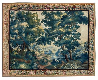 null Importante tapisserie des Flandres en laine et soie représentant un paysage...