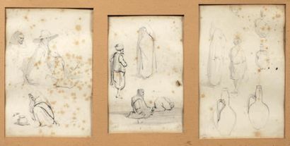 Adrien DAUZATS (1804-1868) 
TROIS FEUILLES D'ETUDES D'ORIENTAUX ET DE JARRES.
Crayon...