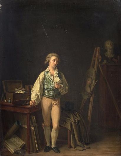 Louis Marc Antoine BILCOQ (1755-1838) 
LE PEINTRE DANS SON ATELIER.
Huile sur panneau,...