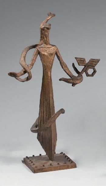 C. COULON (XXème siècle) FEMME AU CADUCEE.
Sculpture en bronze à patine dorée mate,...