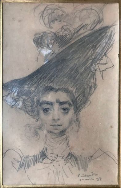 Charles LÉANDRE (1862-1934) PORTRAIT DE FEMME COIFFÉE D'UN HAUT CHAPEAU.
Crayon et...