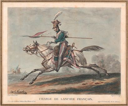 Carle VERNET Watercolour print: "Charge de lancier français", engraved by Coqueret...