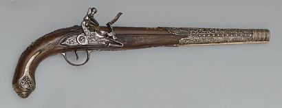  Oriental flintlock pistol, barrel with sides then round, browned, engraved on the...