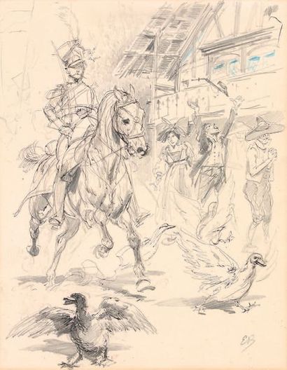 Édouard Detaille (1848/1912) Two pencil and pen drawings, highlights of grey gouache,...