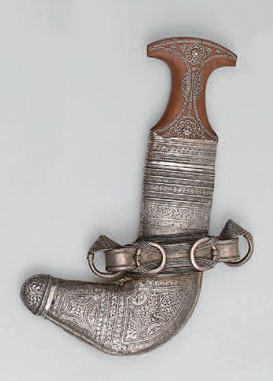 null Persian Gulf Djambiya, wooden handle with silver nails on the handle; curved...