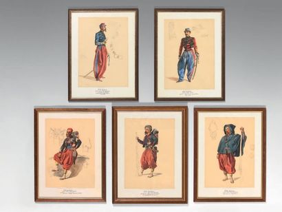F. H. Lalaisse (1812/1884) Série de cinq dessins aquarellés représentant des militaires...
