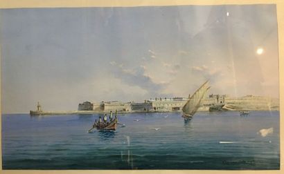 Ecole Française vers 1900 Vue de la Valette à Malte, depuis la mer
Gouache
21 x 35,5...