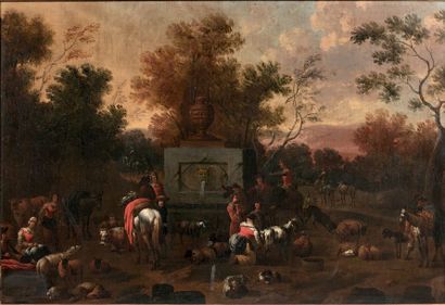 ÉCOLE ITALIENNE DU XVIIIÈME SIÈCLE Shepherds at the Toile fountain
. Signed in a...
