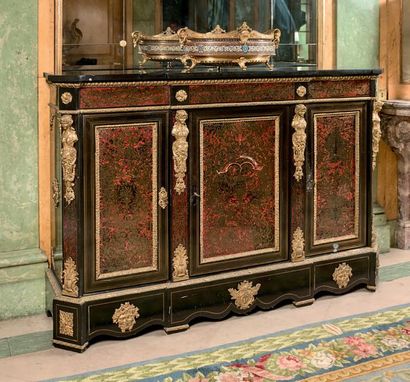  Furniture at supporting height in marquetry called "Boulle" of brass on a red tinted...