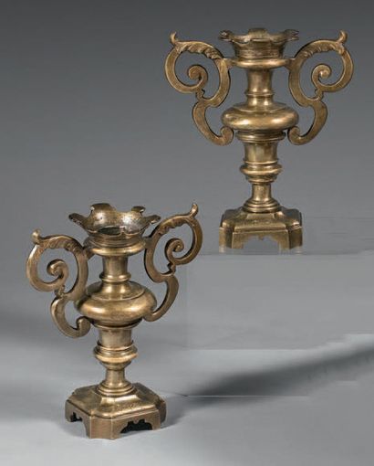 Pair of candlesticks, in gilded bronze, in...