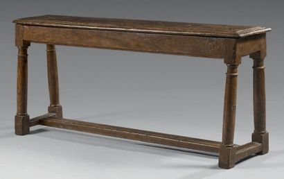 null Moulded or turned oak bench; rectangular in shape, the seat forming a cover...