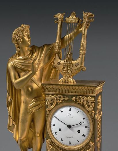  Important mantel clock in sea green marble and finely gilded bronze with matt or...