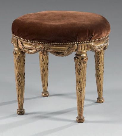  Stool in moulded, carved and gilded resin with laurel garlands decoration; circular...