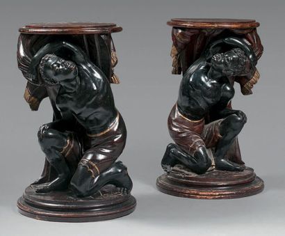  Pair of wooden harnesses carved, gilded or treated "au naturel" in the form of a...