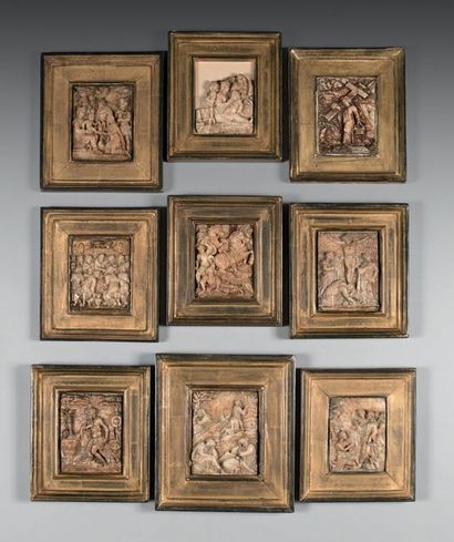 null Important collection of eighteen alabaster bas-reliefs, all rectangular in shape,...