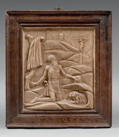  Bas-relief en albâtre sculpté, représen­tant: «La pénitence de Saint Jérôme au désert.»...