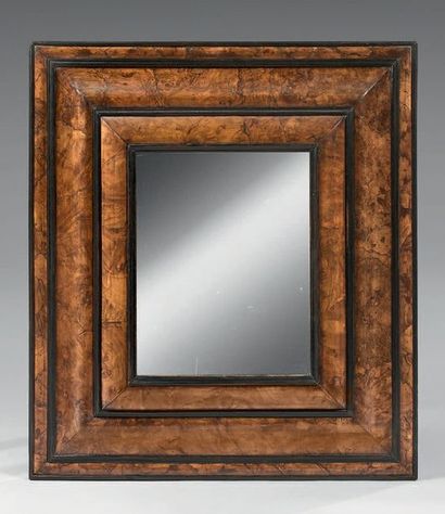 null Mirror with inverted profile in walnut burl veneer and black stained wooden...