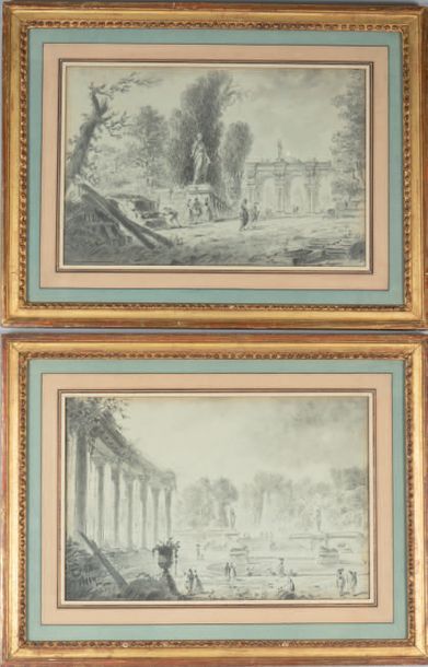 Jean Henri Alexandre PERNET (Paris 1763 - ?) Promeneurs près d'un bassin Promeneurs...