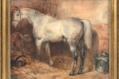 EUGÈNE LAMI (Paris 1800 - 1890) Un cheval à l'écurie Aquarelle sur traits de crayon...