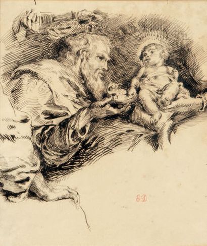 Eugène DELACROIX (1798-1863) Melchior offrant de l'or à L'Enfant Jésus
Dessin à l'encre,...
