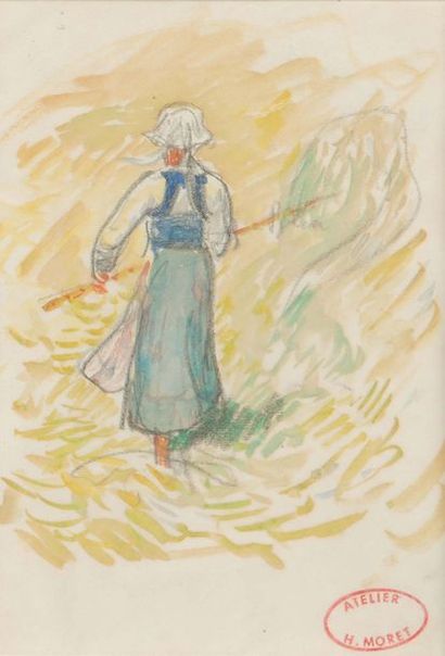 Henry MORET (1856-1913) Breton peasant woman with a fading Breton
watercolour gouache...