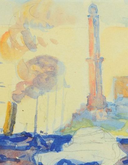 Paul SIGNAC (1863-1935) Le port de Gènes (mâts, vapeur et Lanterna), 1904 Aquarelle,...