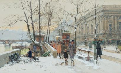 Eugène GALIEN-LALOUE (1854-1941) Paris, Les quais au Louvre, temps de neige
Gouache,...