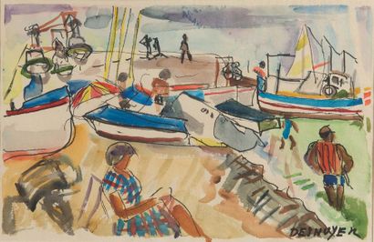 François DESNOYER (1894-1972) Sur la plage Aquarelle, signée en bas à droite 26 x...