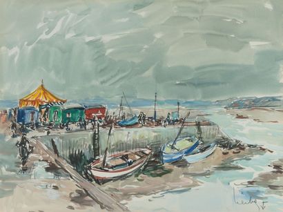 Fernand HERBO (1905-1995) Honfleur, le cirque sur le port
Aquarelle gouachée, signée...