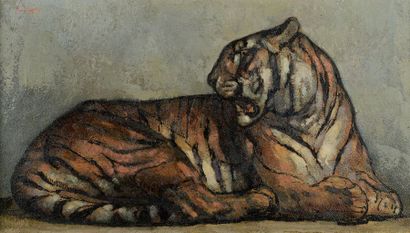 Paul JOUVE (1880-1973) Tiger lying
Oil on panel.
Signed on the top left, on the back...