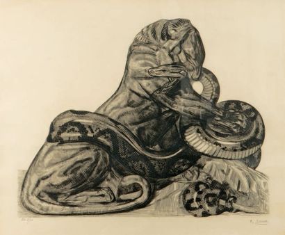 Paul JOUVE (1880-1973) Panthère tuant un serpent
Lithographie. Épreuve sur papier...