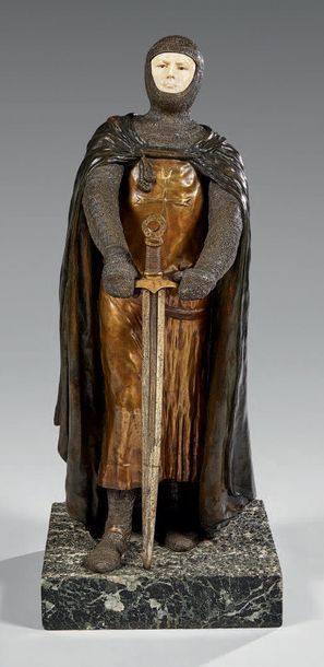 DELAGRANGE Léon-Noël (1872-1910) Templier
Chryséléphantine, épreuve en bronze à brune...