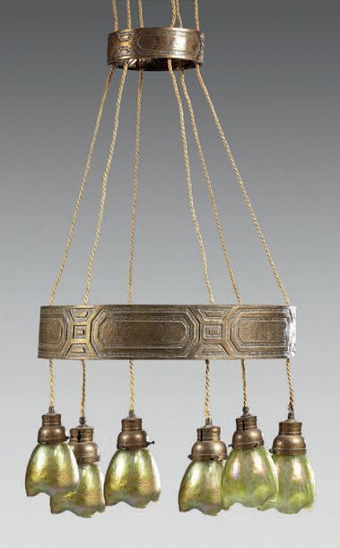 TRAVAIL VIENNOIS Large copper chandelier with six light arms, white shaded green...