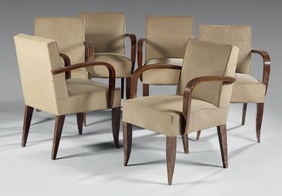 ROUSSEAU Jean & LARDIN Pierre (1902-1981) Suite de six fauteuils en bois vernissé...